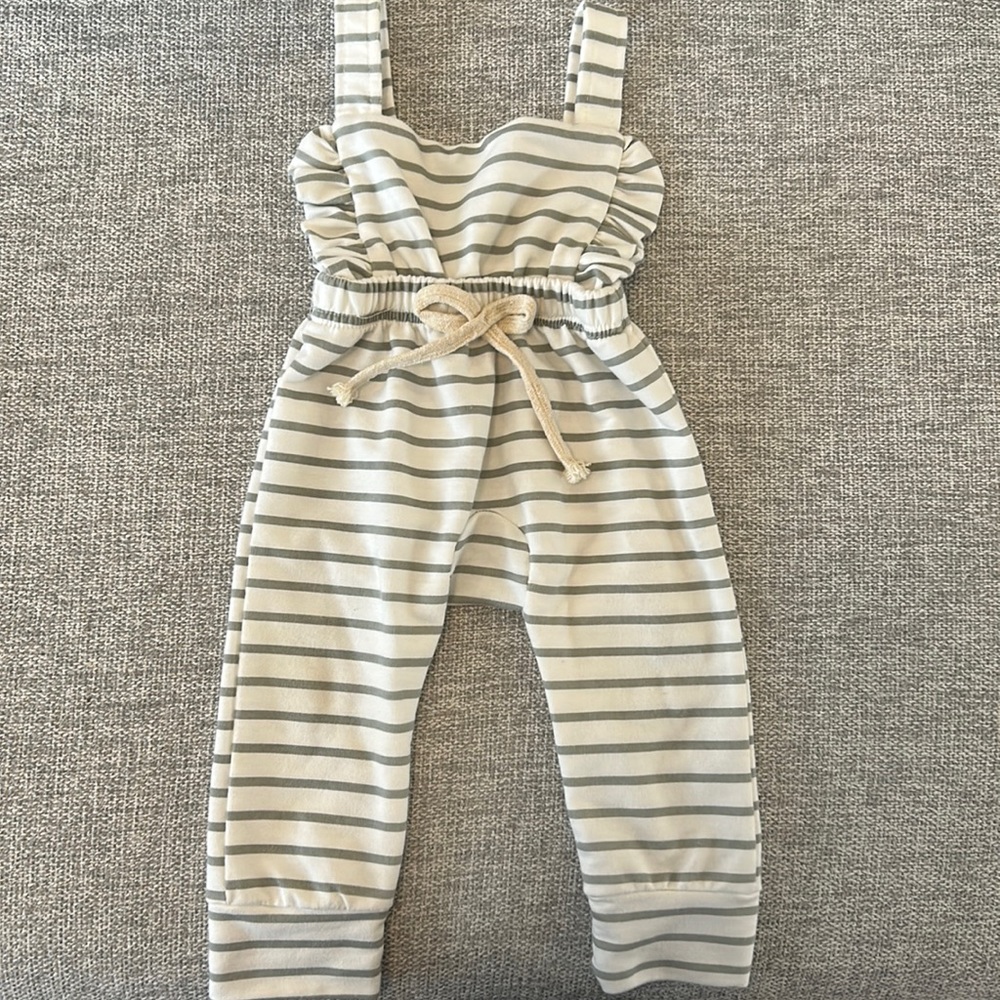 White and gray striped overalls. 6-12 mo